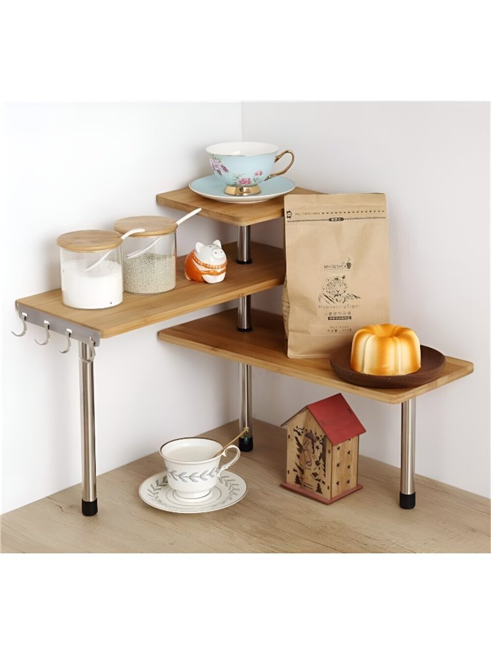 3-Tier Corner Shelf, Bamboo & Metal Storage Rack with Hooks